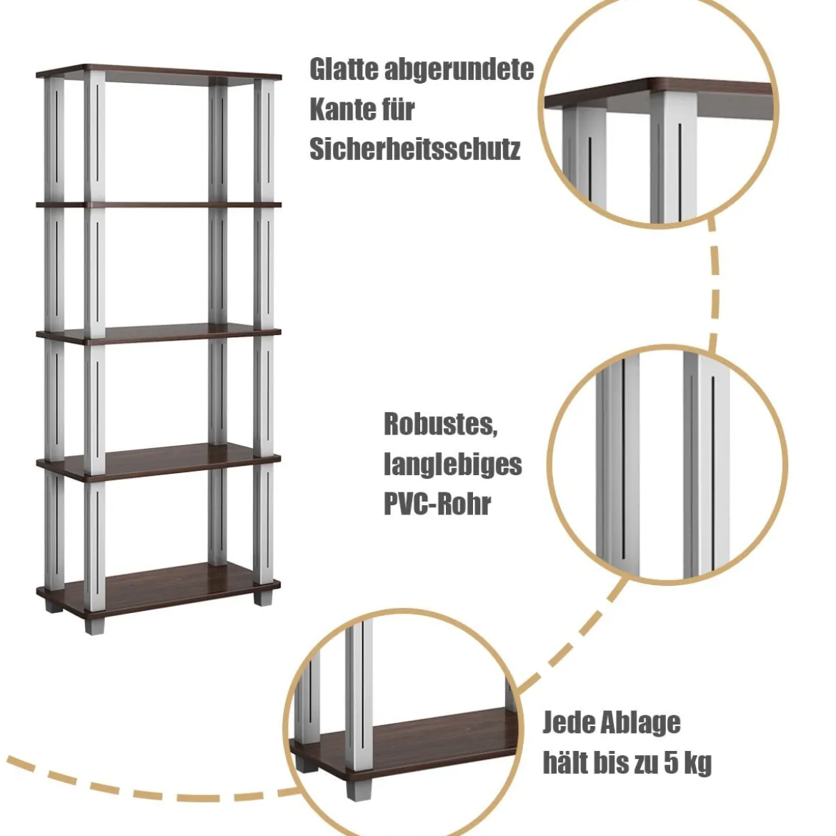 5-stufiges Aufbewahrungsregal mit flachen offenen Regalen Multifunktionales Regal Braun