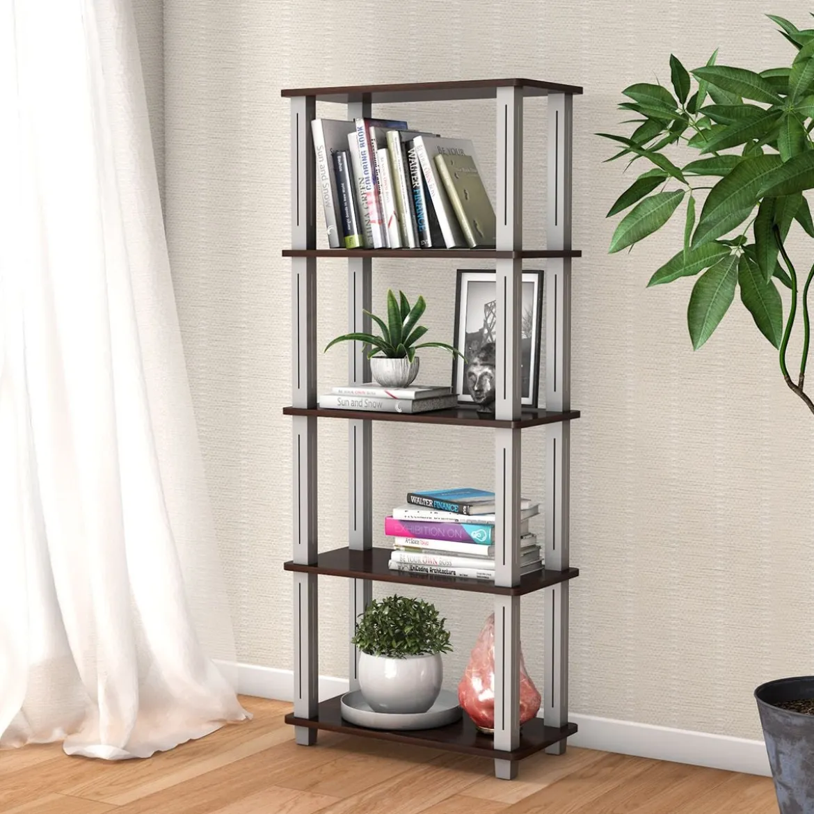 5-stufiges Aufbewahrungsregal mit flachen offenen Regalen Multifunktionales Regal Braun