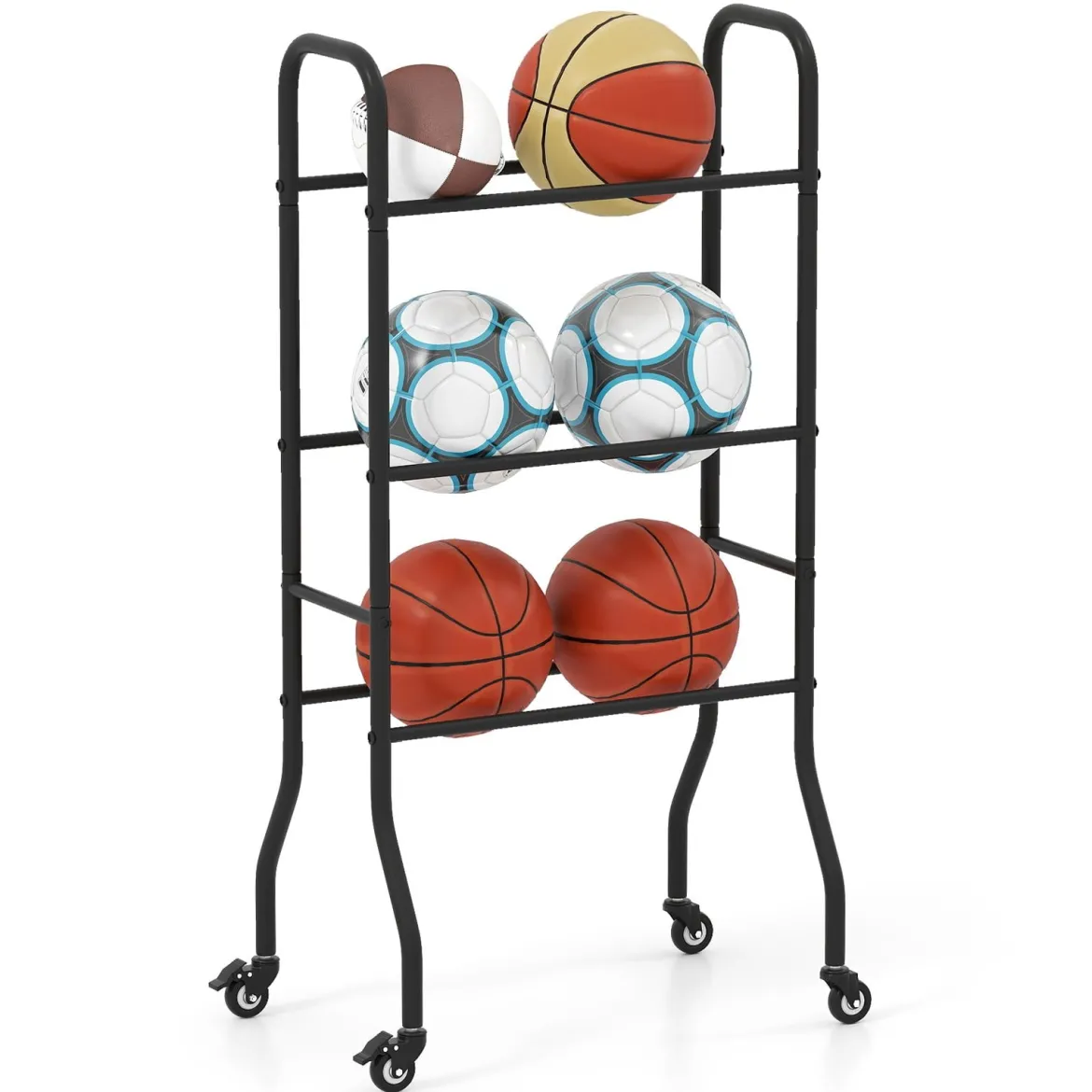 3-stufiges Ballständer mit Rollen & Metallrahmen Ball Organizer Basketball Regal Ballwagen