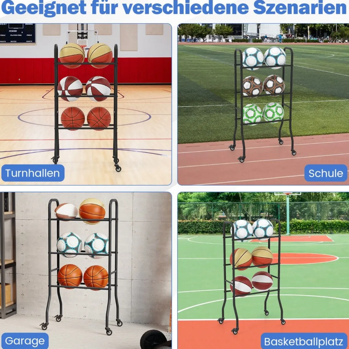 3-stufiges Ballständer mit Rollen & Metallrahmen Ball Organizer Basketball Regal Ballwagen