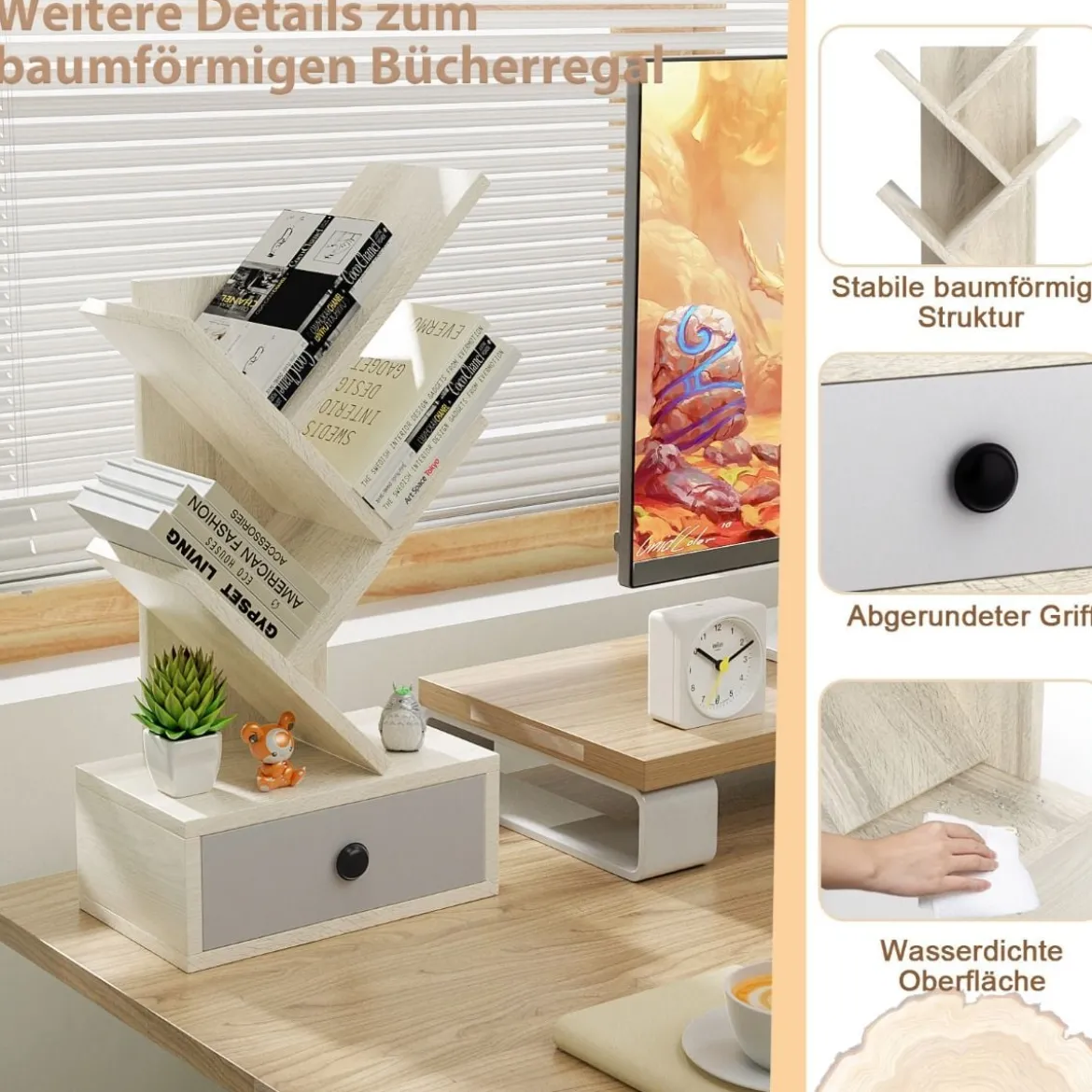 5-stufiges Baum-Bücherregal mit Schublade Mehrzweckregal CD- & DVD-Regal Beige