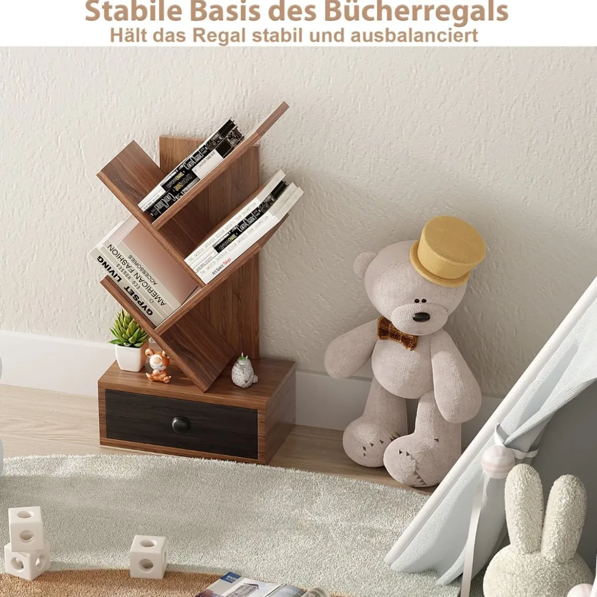 5-stufiges Baum-Bücherregal mit Schublade Mehrzweckregal CD- & DVD-Regal Braun