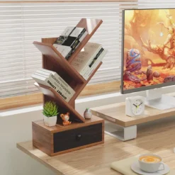 5-stufiges Baum-Bücherregal mit Schublade Mehrzweckregal CD- & DVD-Regal Braun