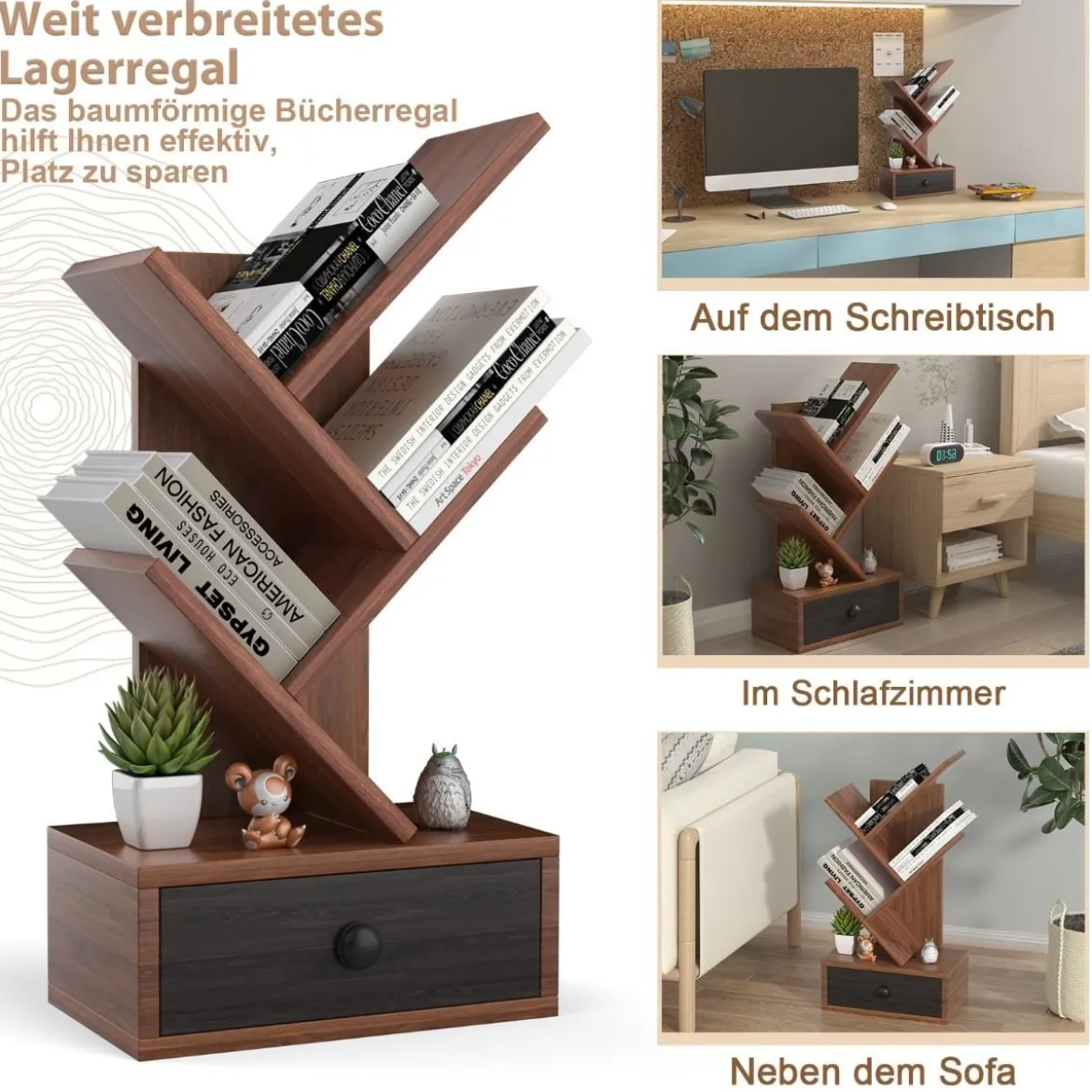 5-stufiges Baum-Bücherregal mit Schublade Mehrzweckregal CD- & DVD-Regal Braun