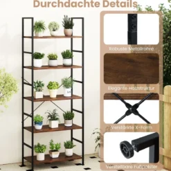 5-stufiges Bücherregal 160 cm Standregal mit Offene Trennwand & Metallrahmen Rustikales Braun