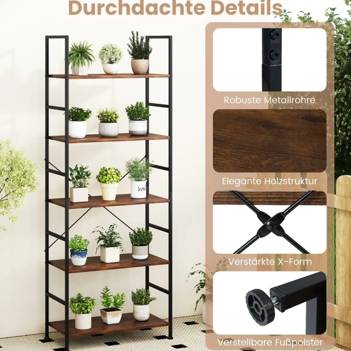 5-stufiges Bücherregal 160 cm Standregal mit Offene Trennwand & Metallrahmen Rustikales Braun