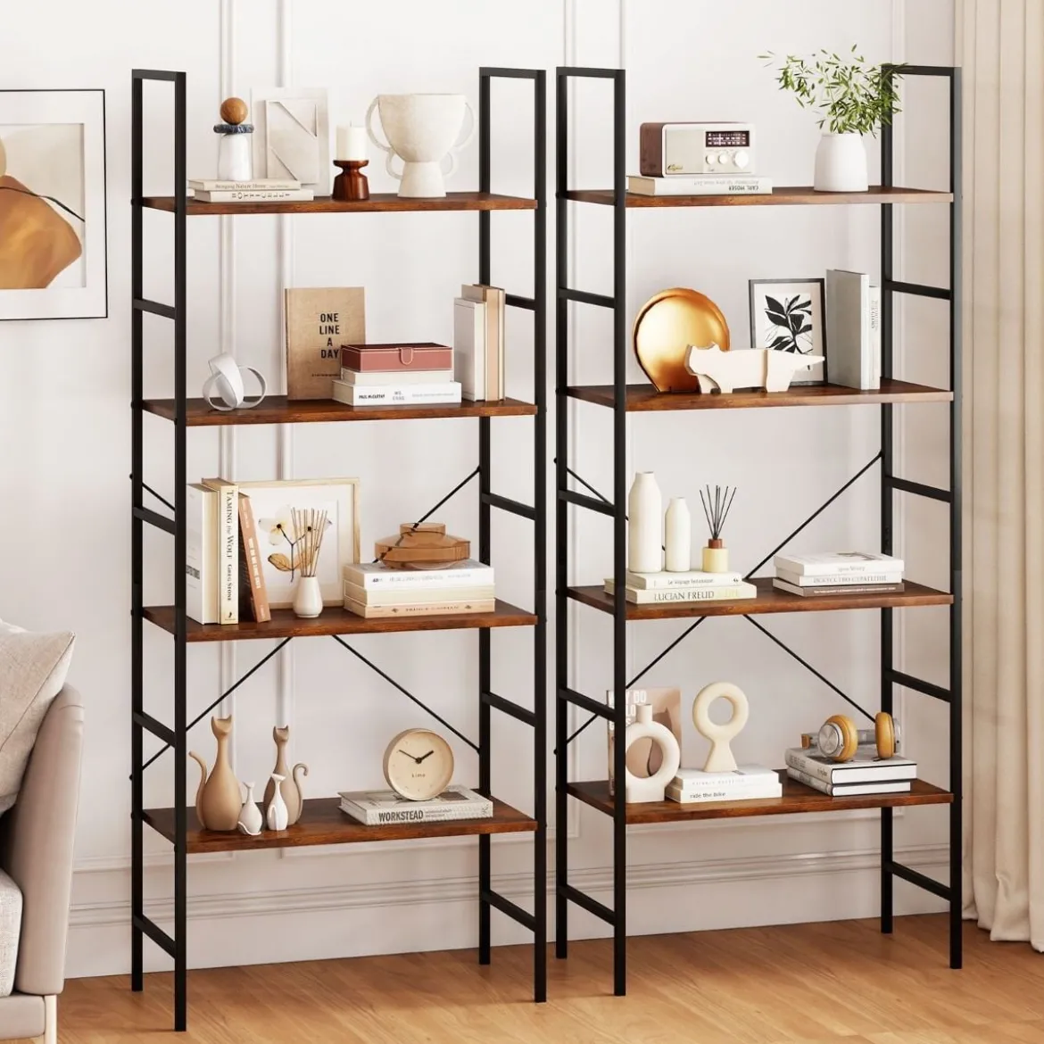 5-stufiges Bücherregal 160 cm Standregal mit Offene Trennwand & Metallrahmen Rustikales Braun