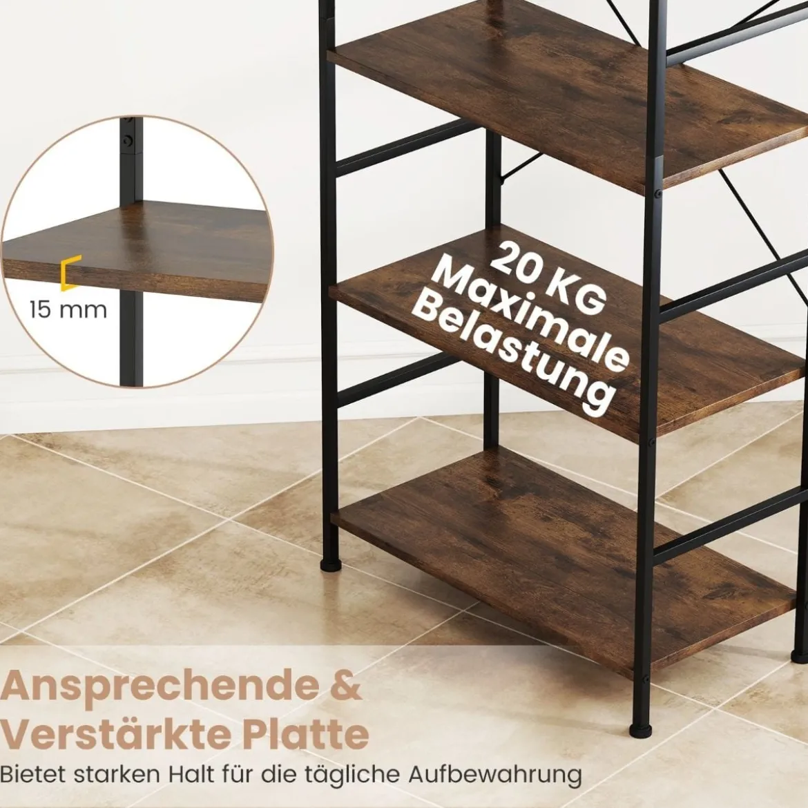 5-stufiges Bücherregal 160 cm Standregal mit Offene Trennwand & Metallrahmen Rustikales Braun