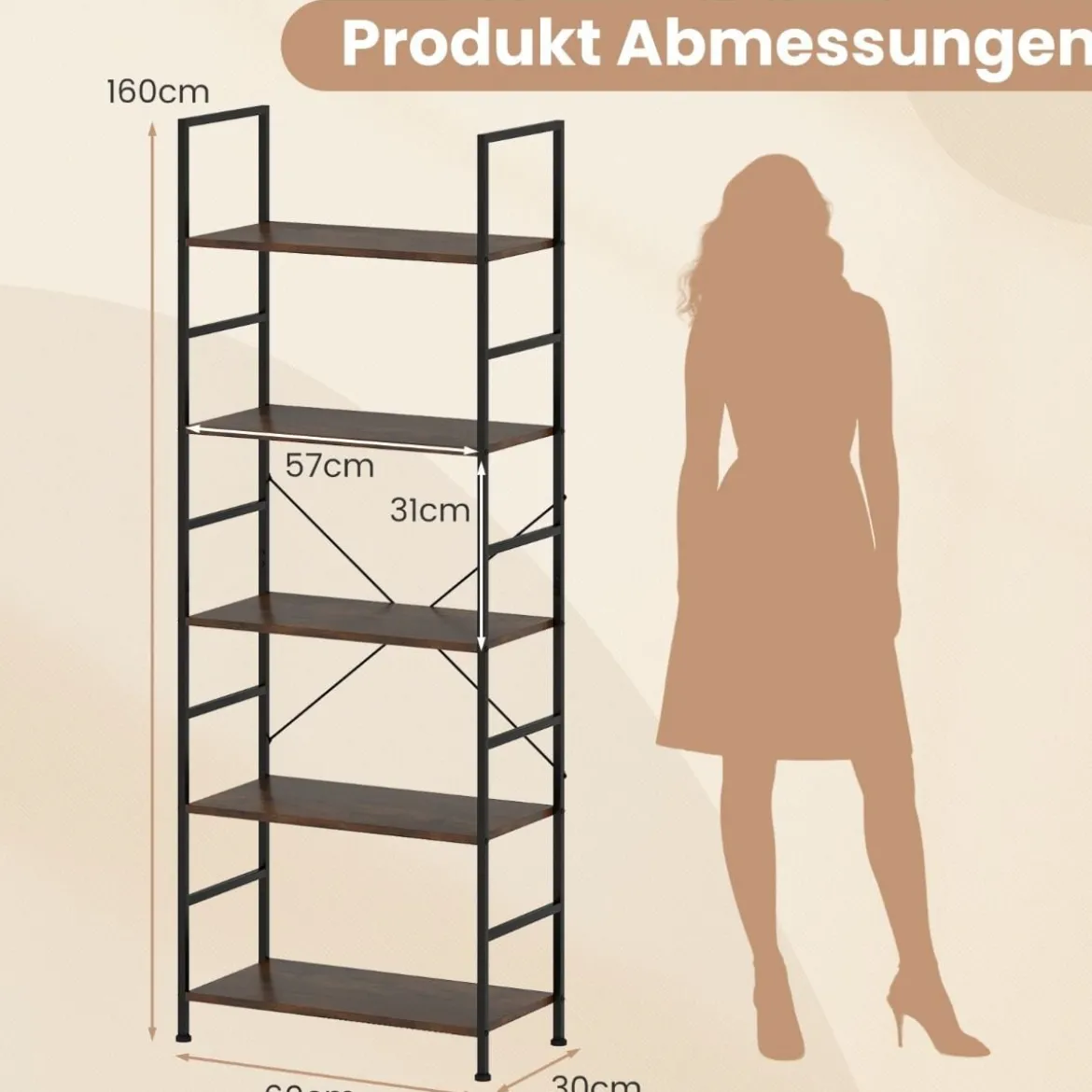 5-stufiges Bücherregal 160 cm Standregal mit Offene Trennwand & Metallrahmen Rustikales Braun