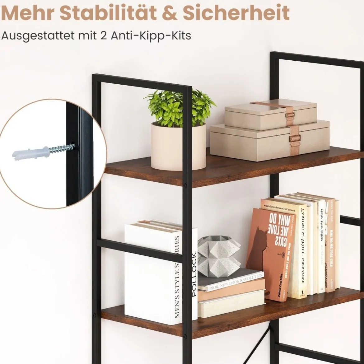 5-stufiges Bücherregal 160 cm Standregal mit Offene Trennwand & Metallrahmen Rustikales Braun