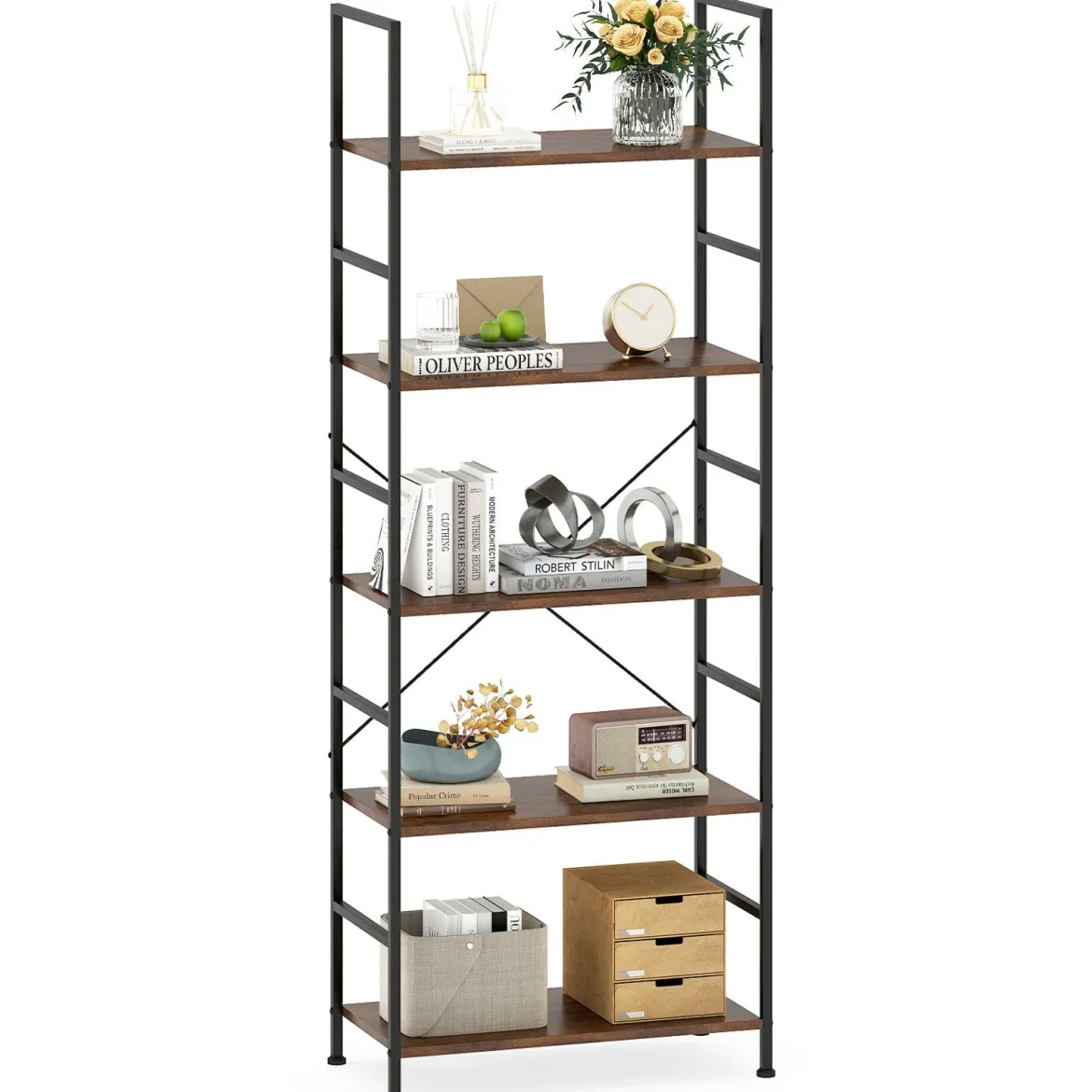 5-stufiges Bücherregal 160 cm Standregal mit Offene Trennwand & Metallrahmen Rustikales Braun