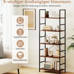 5-stufiges Bücherregal 160 cm Standregal mit Offene Trennwand & Metallrahmen Rustikales Braun
