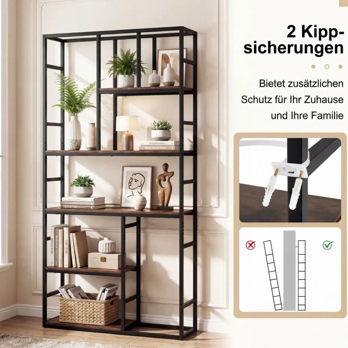 5-stufiges Bücherregal geometrisches Standregal mit offenem Ablagefach & Metallrahmen