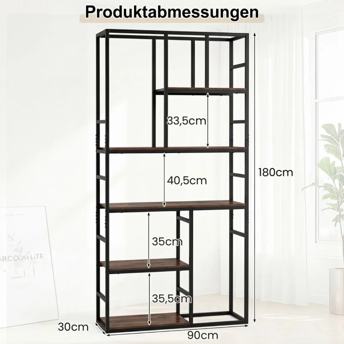 5-stufiges Bücherregal geometrisches Standregal mit offenem Ablagefach & Metallrahmen