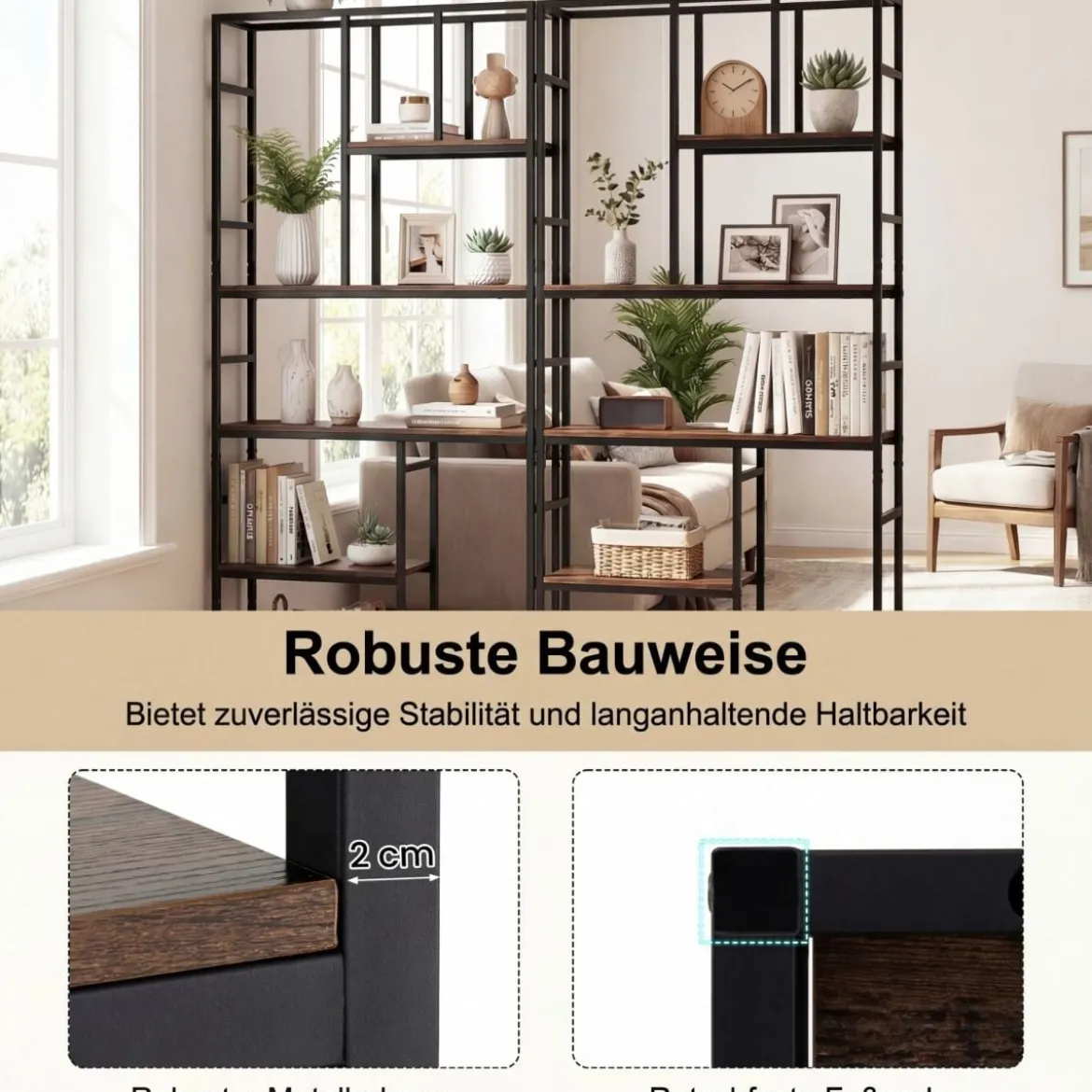 5-stufiges Bücherregal geometrisches Standregal mit offenem Ablagefach & Metallrahmen