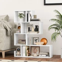 5-stufiges Bücherregal geometrisches Ablageregal mit offenen Fächern 80 x 22 x 100 cm Weiß