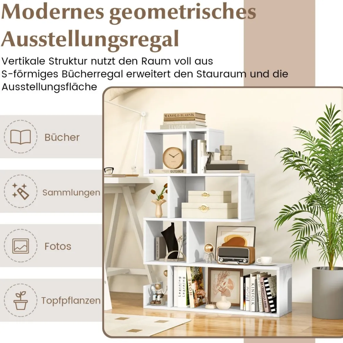5-stufiges Bücherregal geometrisches Ablageregal mit offenen Fächern 80 x 22 x 100 cm Weiß