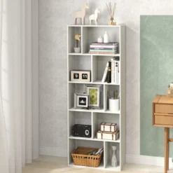 5-stufiges Bücherregal mit 10 Fächern Freistehender Raumteiler Holzregal Offenes Regal