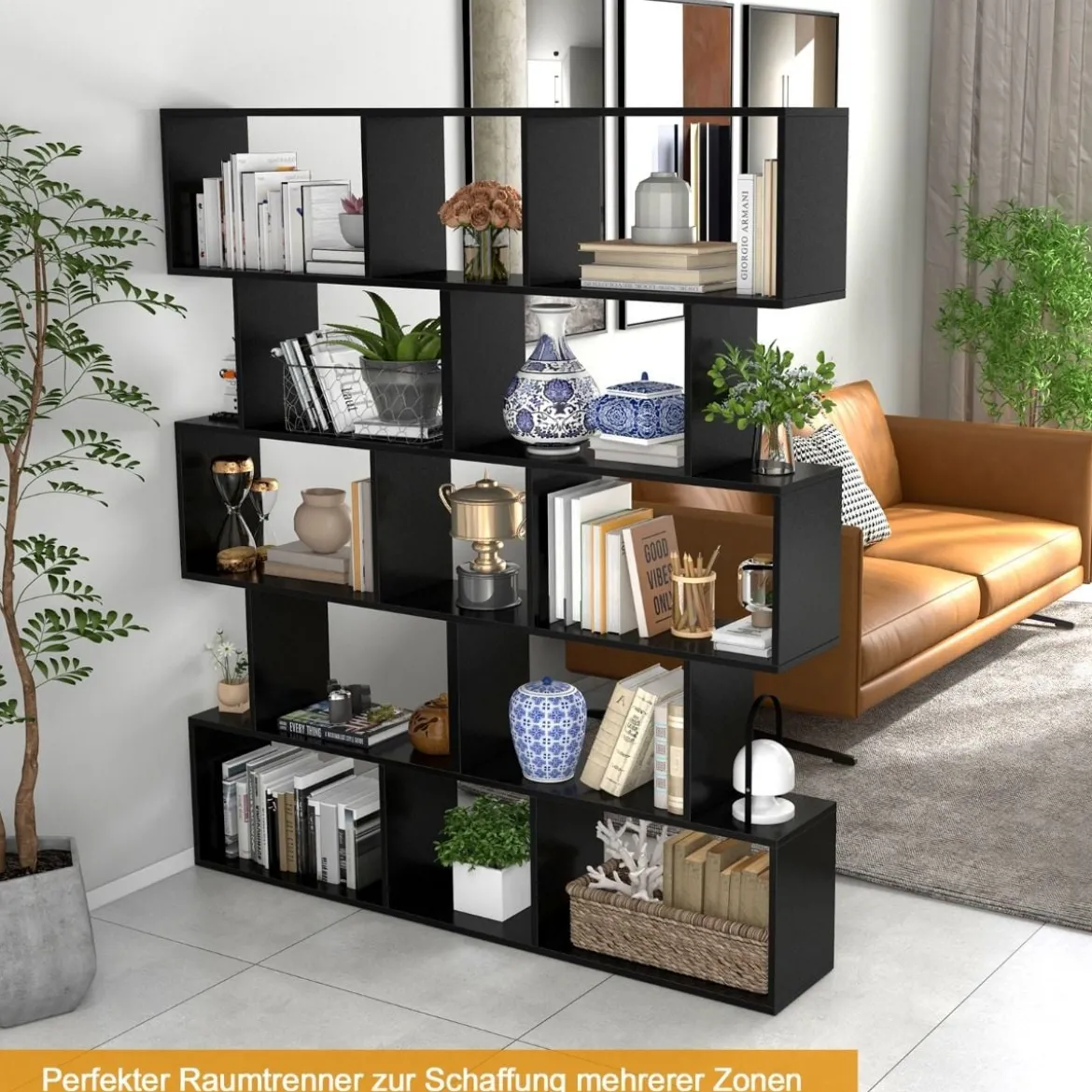 5-stufiges Bücherregal mit Kippschutz freistehender Raumteiler dekoratives Ausstellungsregal Schwarz