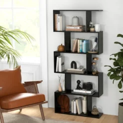 5-stufiges Bücherregal mit Kippschutz freistehender Raumteiler dekoratives Ausstellungsregal Schwarz