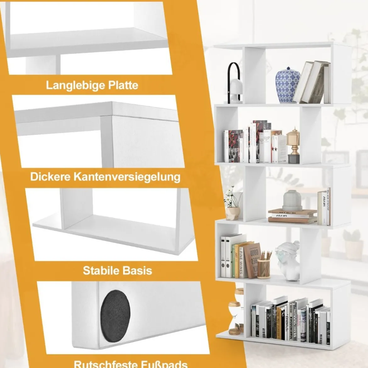 5-stufiges Bücherregal mit Kippschutz freistehender Raumteiler dekoratives Ausstellungsregal Weiß