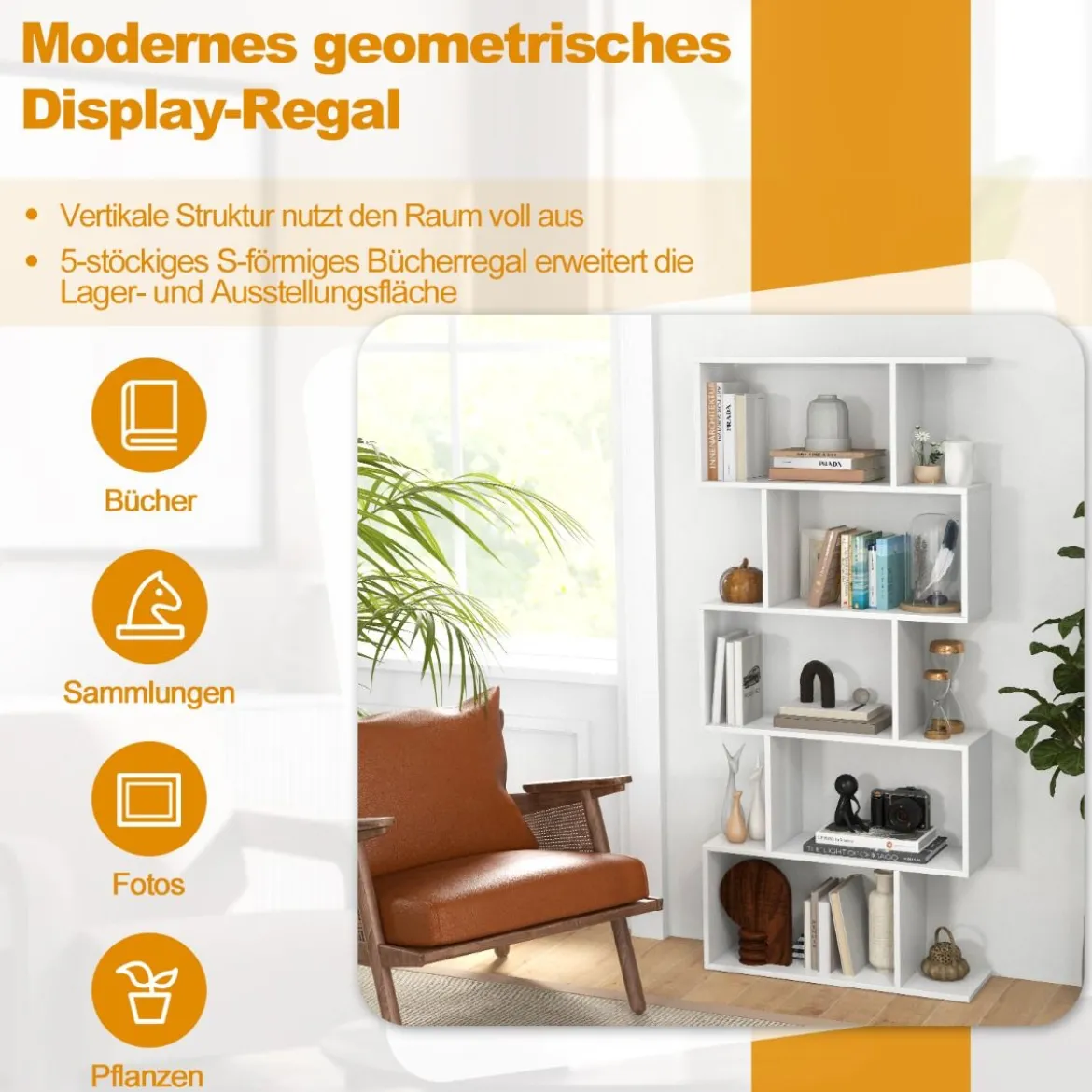 5-stufiges Bücherregal mit Kippschutz freistehender Raumteiler dekoratives Ausstellungsregal Weiß