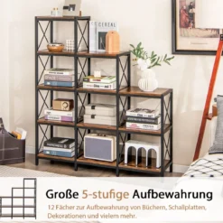 5-stufiges Bücherregal mit Rahmen aus Kohlenstoffstahl Kippschutz & verstellbaren Fußpolstern Rustikales Braun
