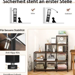 5-stufiges Bücherregal mit Rahmen aus Kohlenstoffstahl Kippschutz & verstellbaren Fußpolstern Rustikales Braun