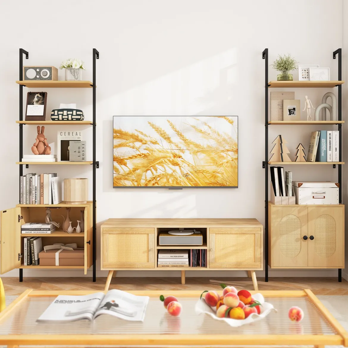 3-stufiges Bücherregal mit Rattan Schrank 184 cm Wandmontage Leiterregal Offener Präsentationsregal