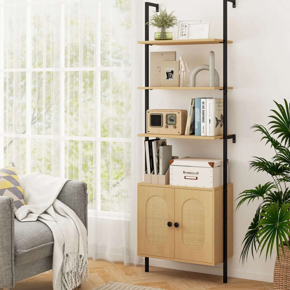 3-stufiges Bücherregal mit Rattan Schrank 184 cm Wandmontage Leiterregal Offener Präsentationsregal