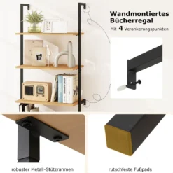 3-stufiges Bücherregal mit Rattan Schrank 184 cm Wandmontage Leiterregal Offener Präsentationsregal