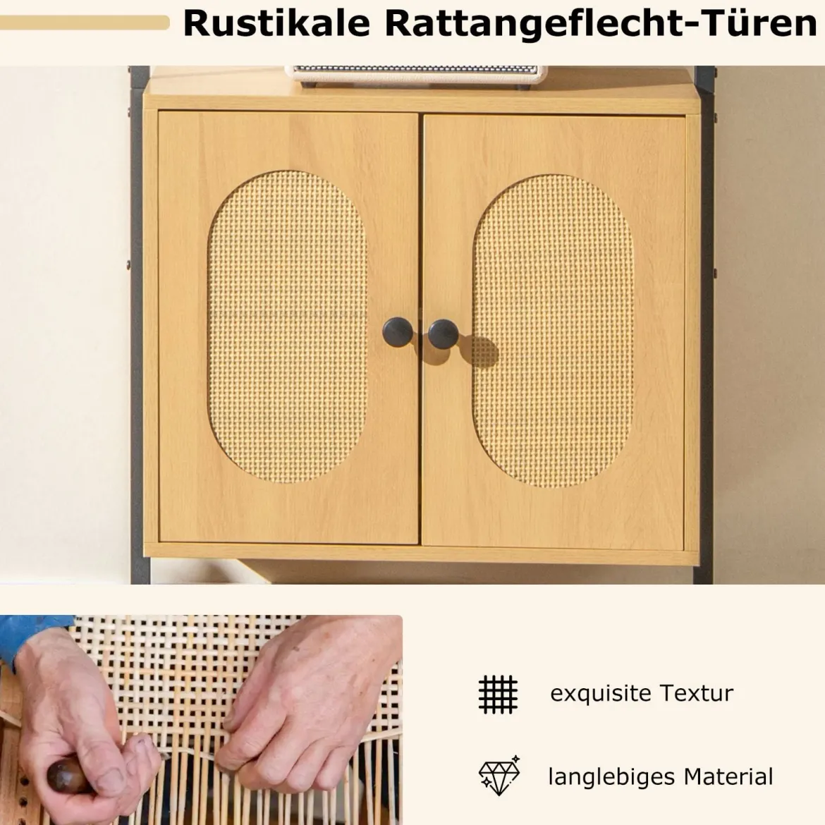 3-stufiges Bücherregal mit Rattan Schrank 184 cm Wandmontage Leiterregal Offener Präsentationsregal