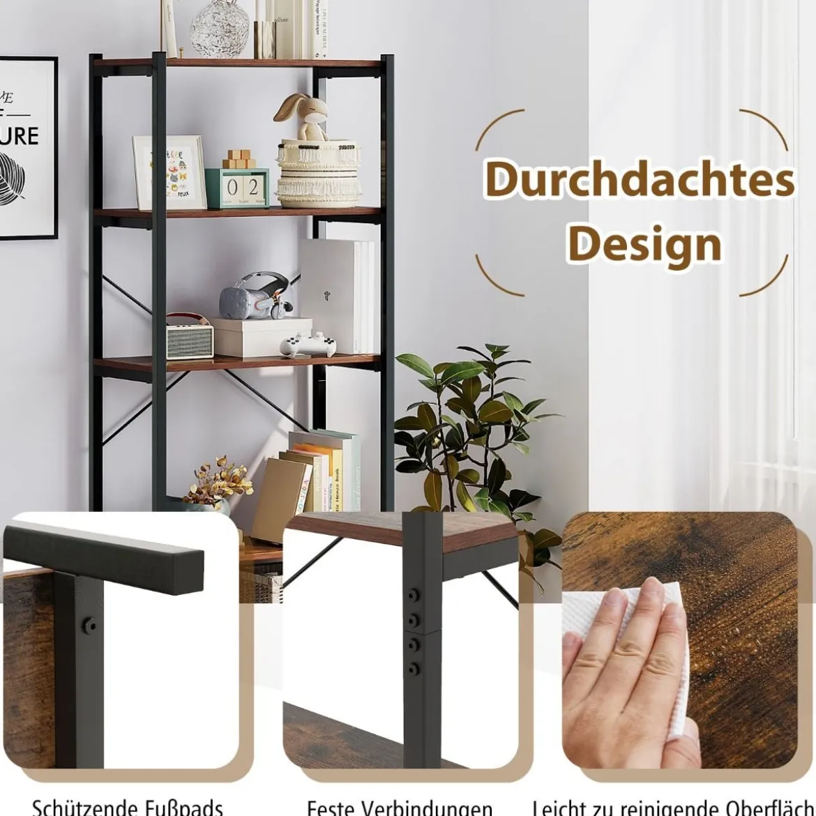 5 stufiges Bücherregal Standregal industriell aus Holz mit Metallrahmen 66 x 34 x 161 cm
