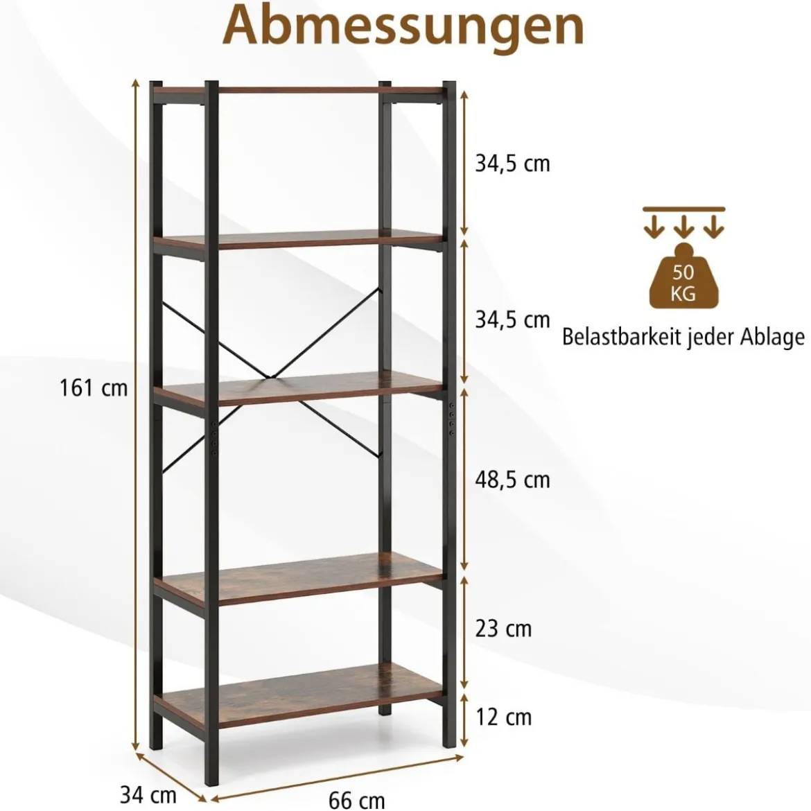 5 stufiges Bücherregal Standregal industriell aus Holz mit Metallrahmen 66 x 34 x 161 cm