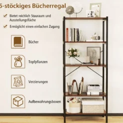 5 stufiges Bücherregal Standregal industriell aus Holz mit Metallrahmen 66 x 34 x 161 cm