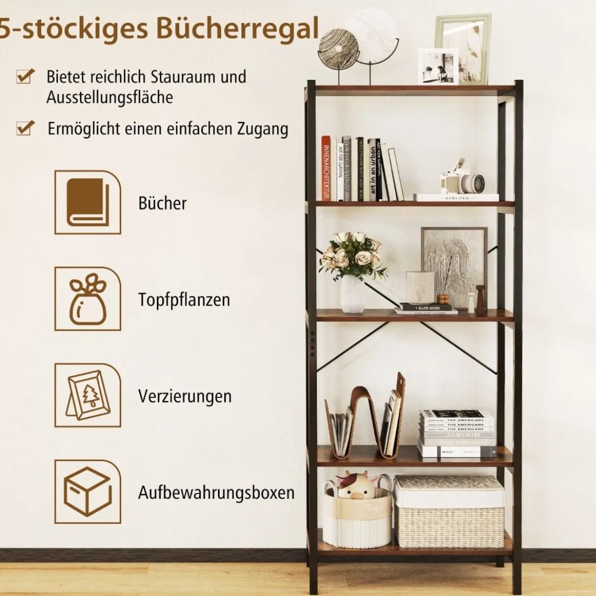 5 stufiges Bücherregal Standregal industriell aus Holz mit Metallrahmen 66 x 34 x 161 cm