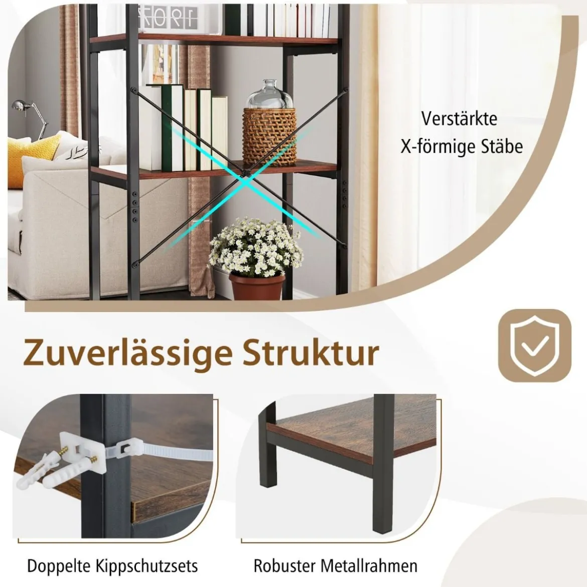 5 stufiges Bücherregal Standregal industriell aus Holz mit Metallrahmen 66 x 34 x 161 cm