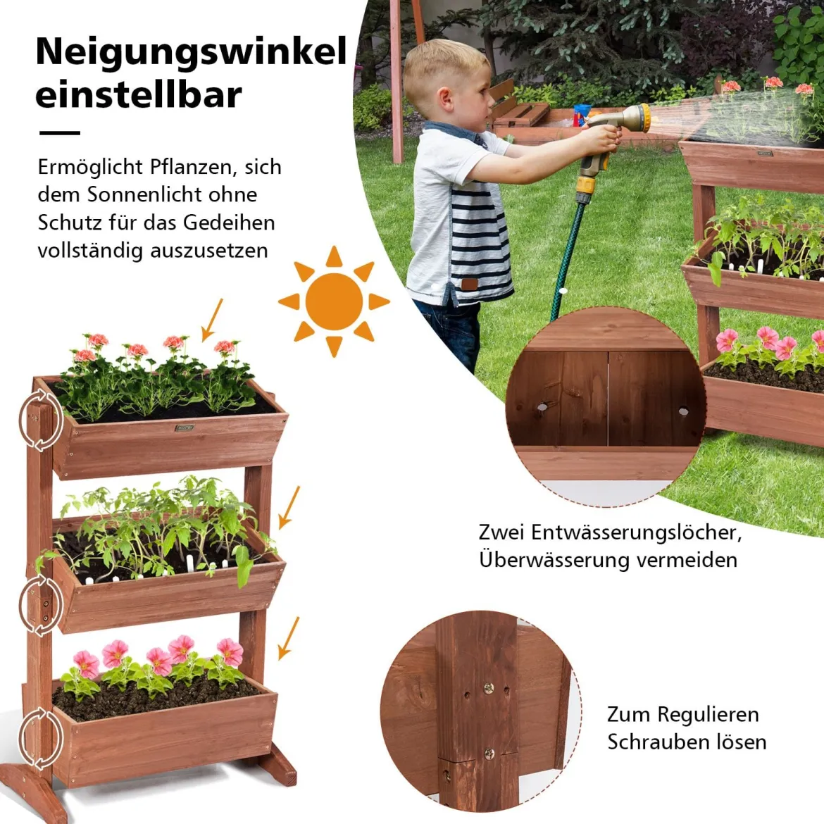 3-stufiges hölzernes Blumenregal Blumenständer 3 Etage Hochbeet Blumentreppe 71 x 38 x 105 cm Braun