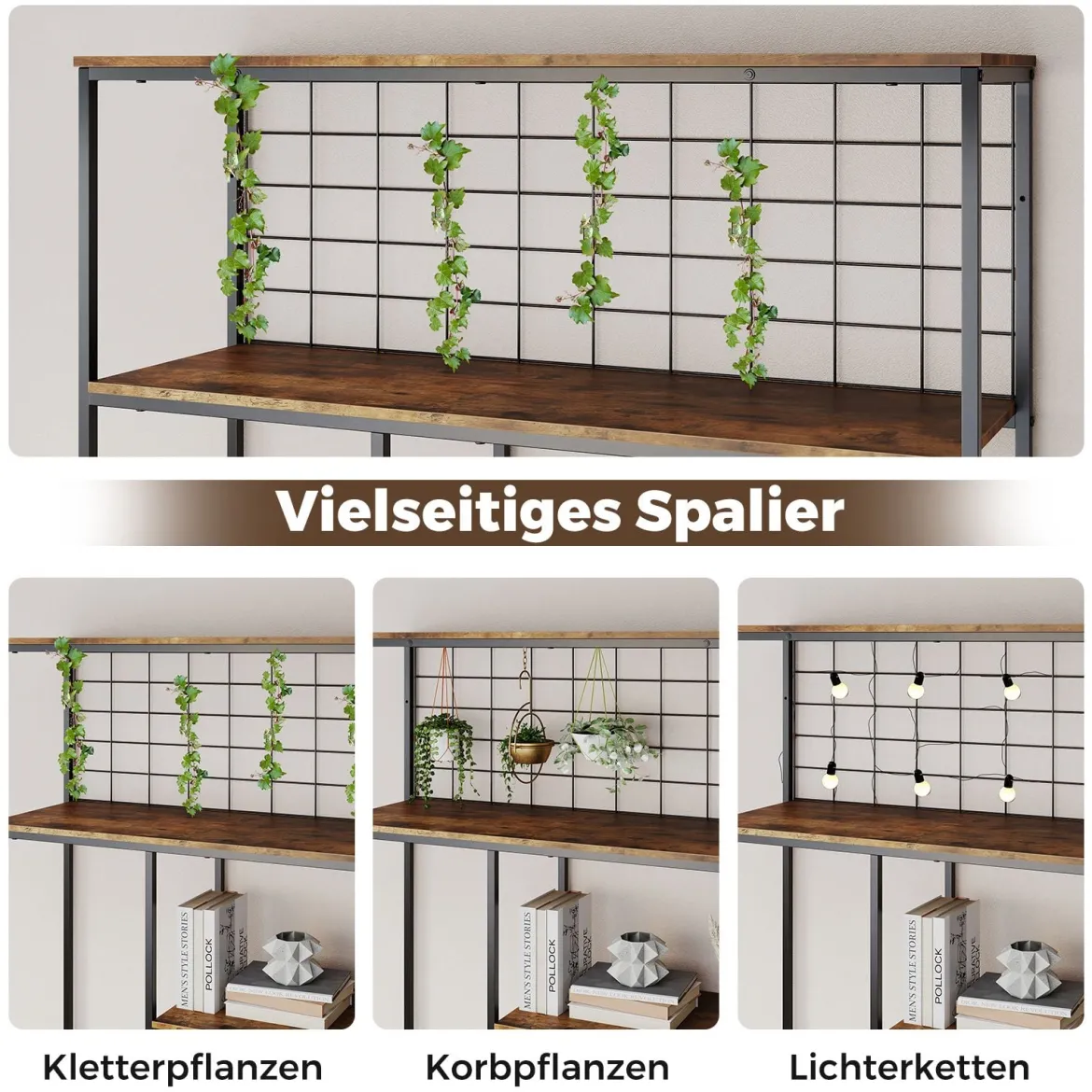 6-stufiges hohes Bücherregal freistehender Pflanzenständer mit Metallnetz geometrisches Standregal Rustikales Braun