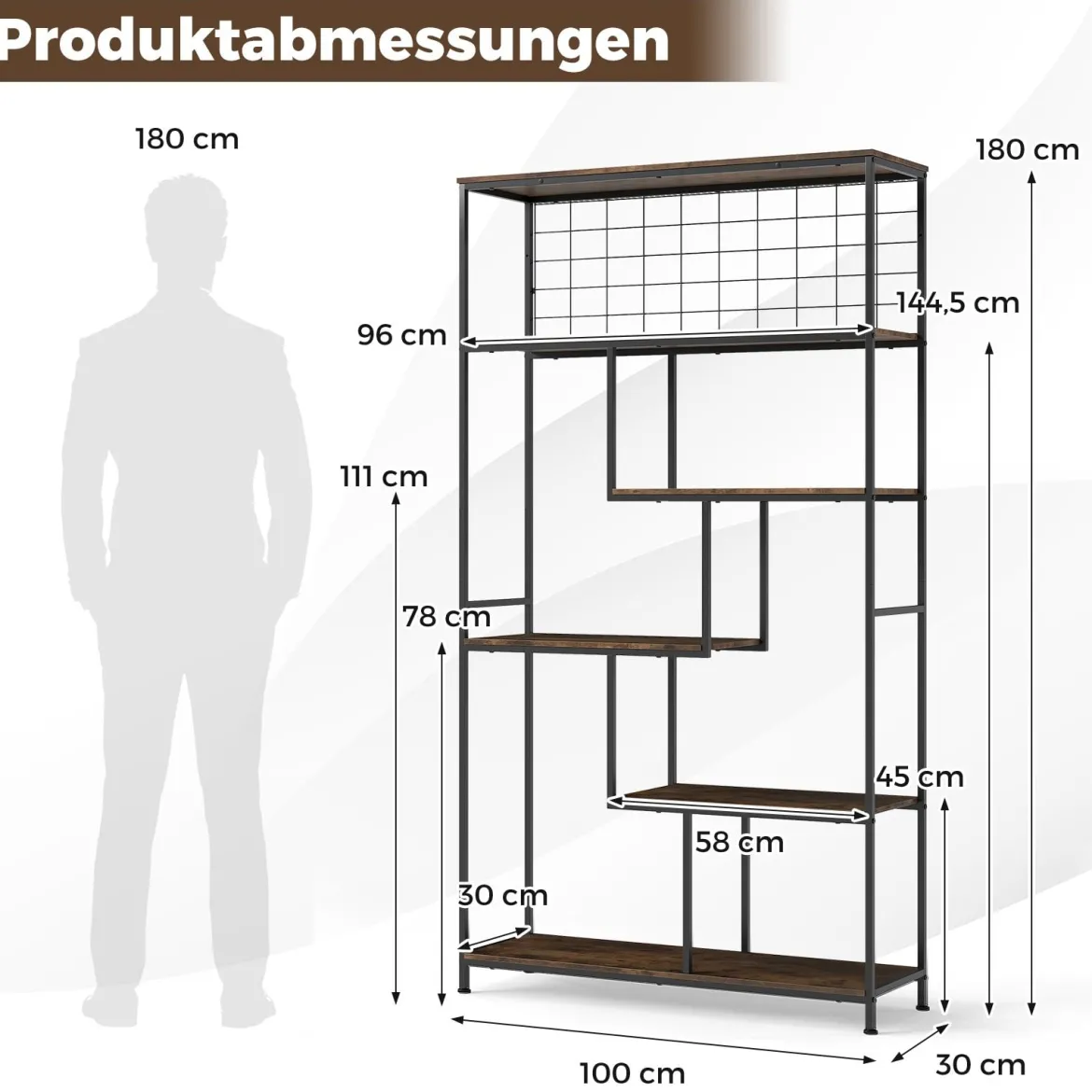 6-stufiges hohes Bücherregal freistehender Pflanzenständer mit Metallnetz geometrisches Standregal Rustikales Braun