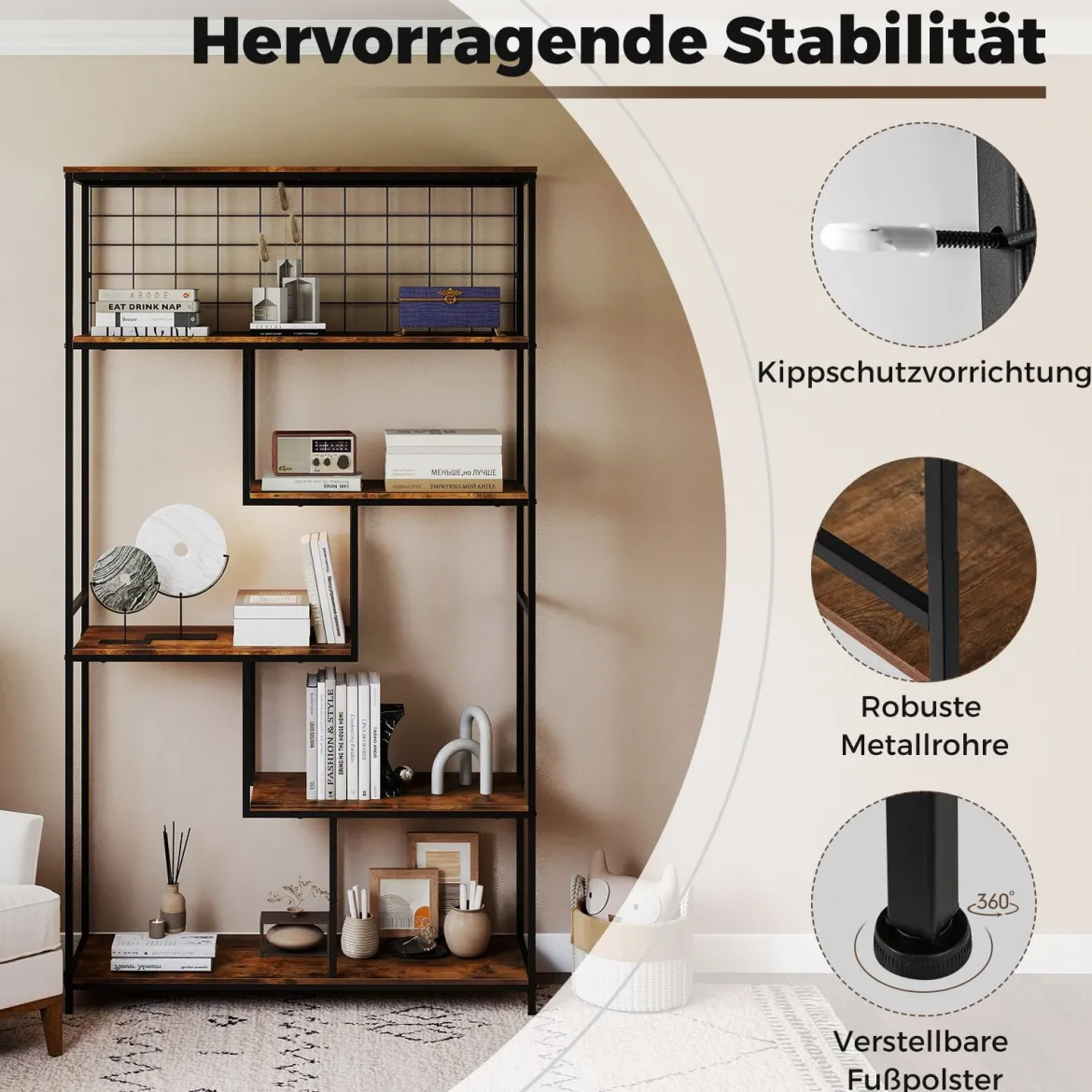 6-stufiges hohes Bücherregal freistehender Pflanzenständer mit Metallnetz geometrisches Standregal Rustikales Braun