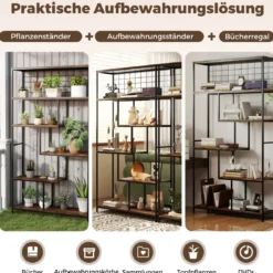 6-stufiges hohes Bücherregal freistehender Pflanzenständer mit Metallnetz geometrisches Standregal Rustikales Braun