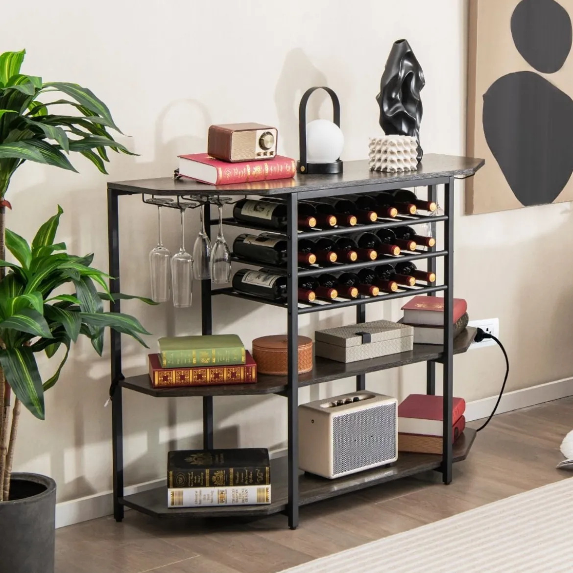 3-stufiges Industrielles Weinregal mit Steckdosen & Flaschenregal & Glashaltern Weinbarschrank Grau