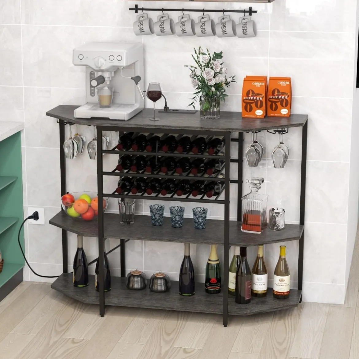 3-stufiges Industrielles Weinregal mit Steckdosen & Flaschenregal & Glashaltern Weinbarschrank Grau
