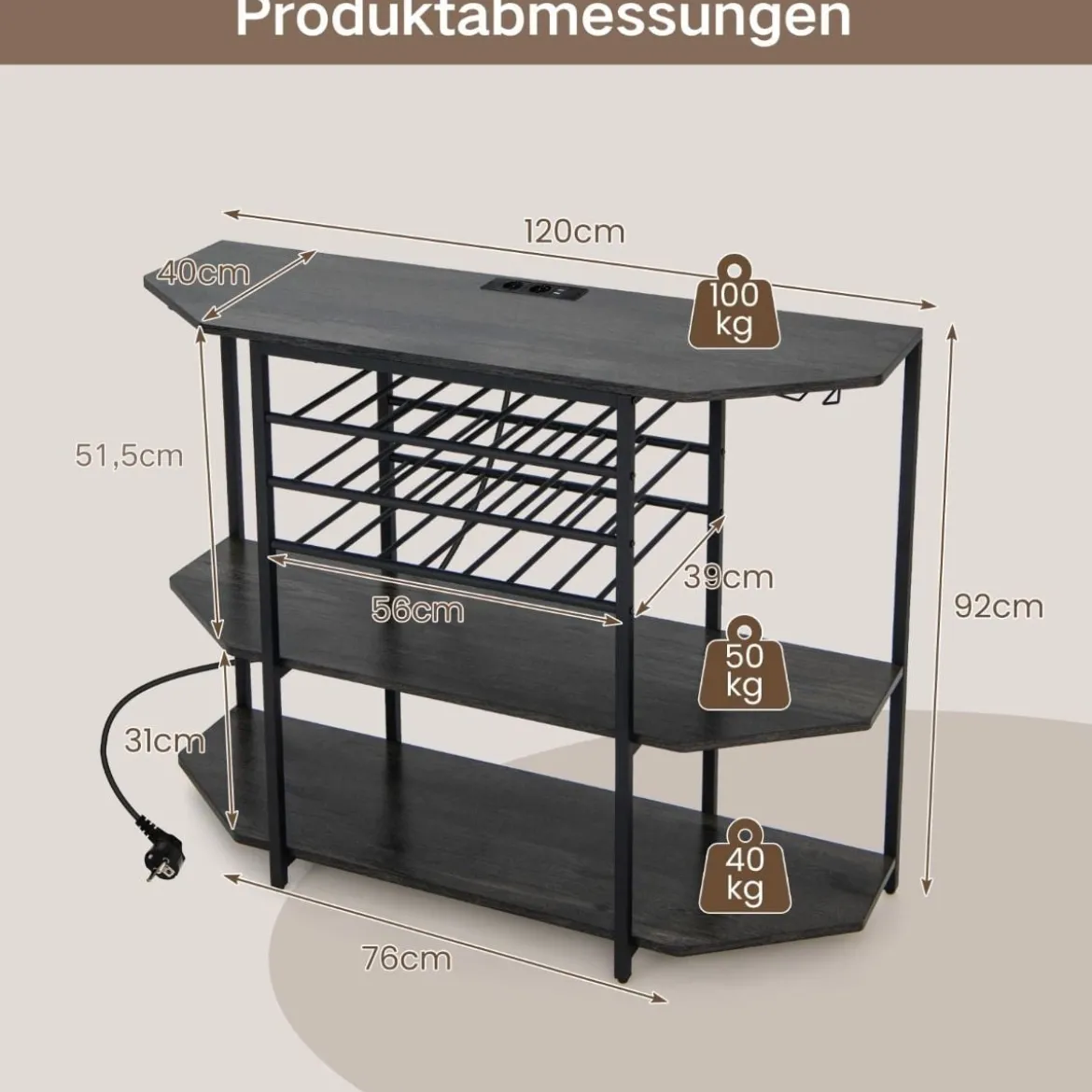 3-stufiges Industrielles Weinregal mit Steckdosen & Flaschenregal & Glashaltern Weinbarschrank Grau