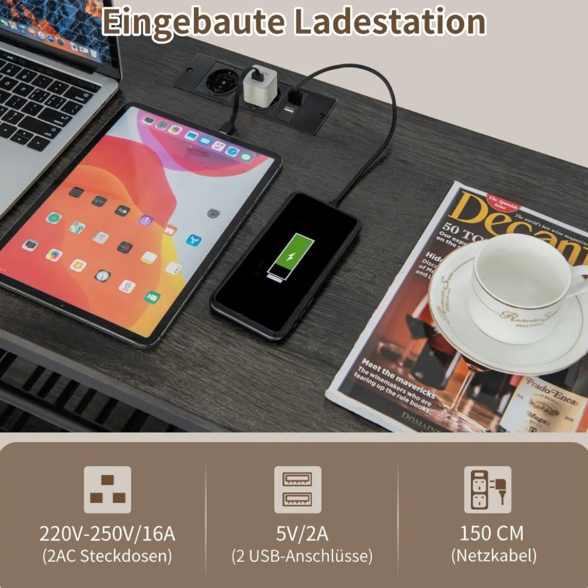 3-stufiges Industrielles Weinregal mit Steckdosen & Flaschenregal & Glashaltern Weinbarschrank Grau