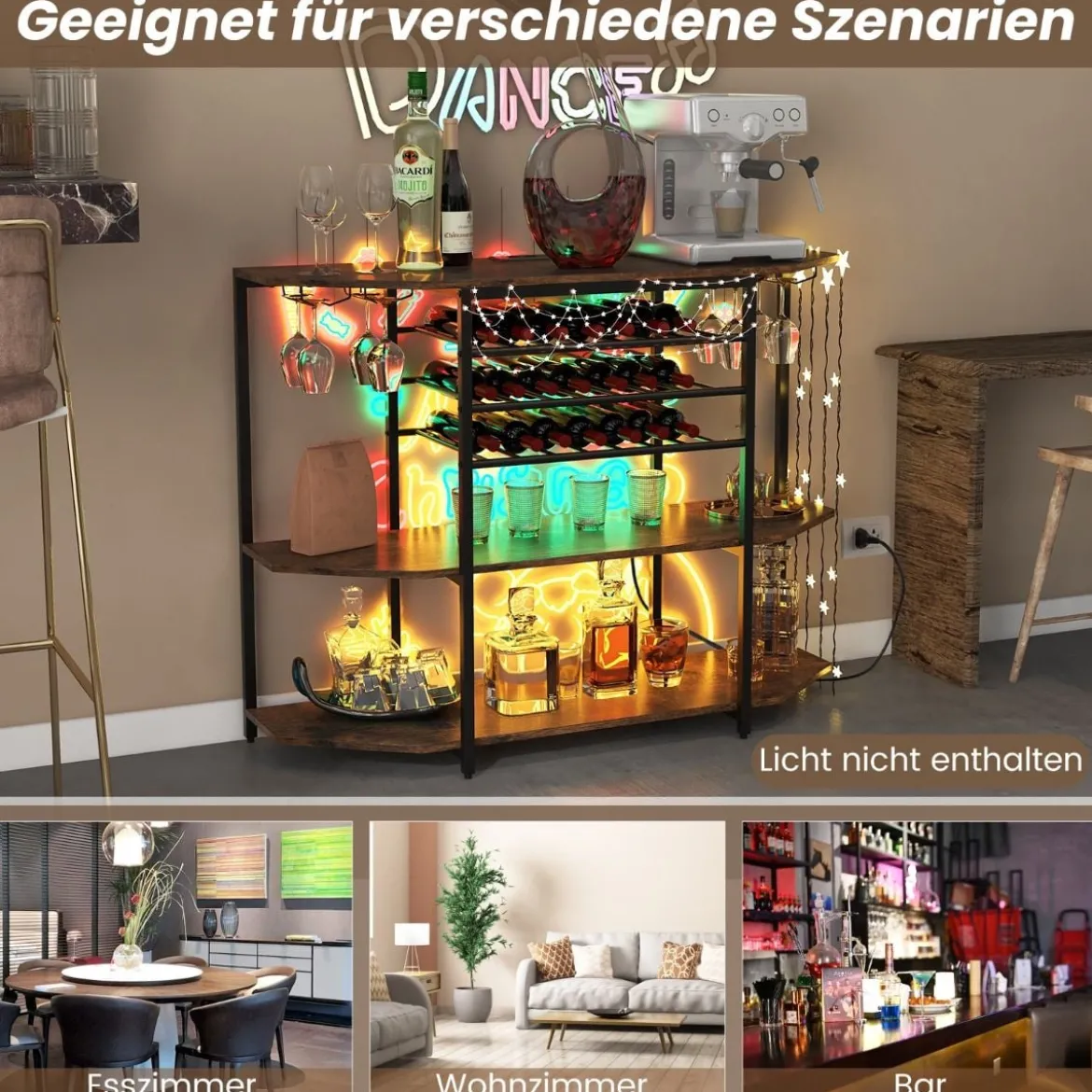 3-stufiges Industrielles Weinregal mit Steckdosen & Flaschenregal & Glashaltern Weinbarschrank Braun