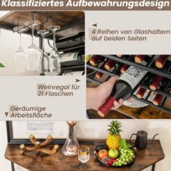 3-stufiges Industrielles Weinregal mit Steckdosen & Flaschenregal & Glashaltern Weinbarschrank Braun