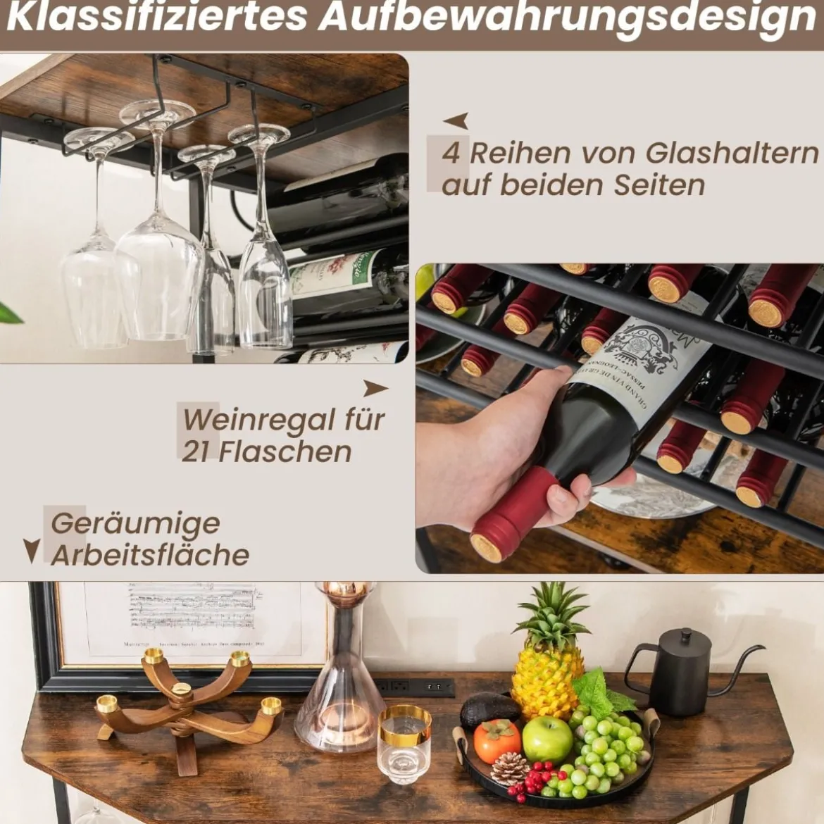 3-stufiges Industrielles Weinregal mit Steckdosen & Flaschenregal & Glashaltern Weinbarschrank Braun