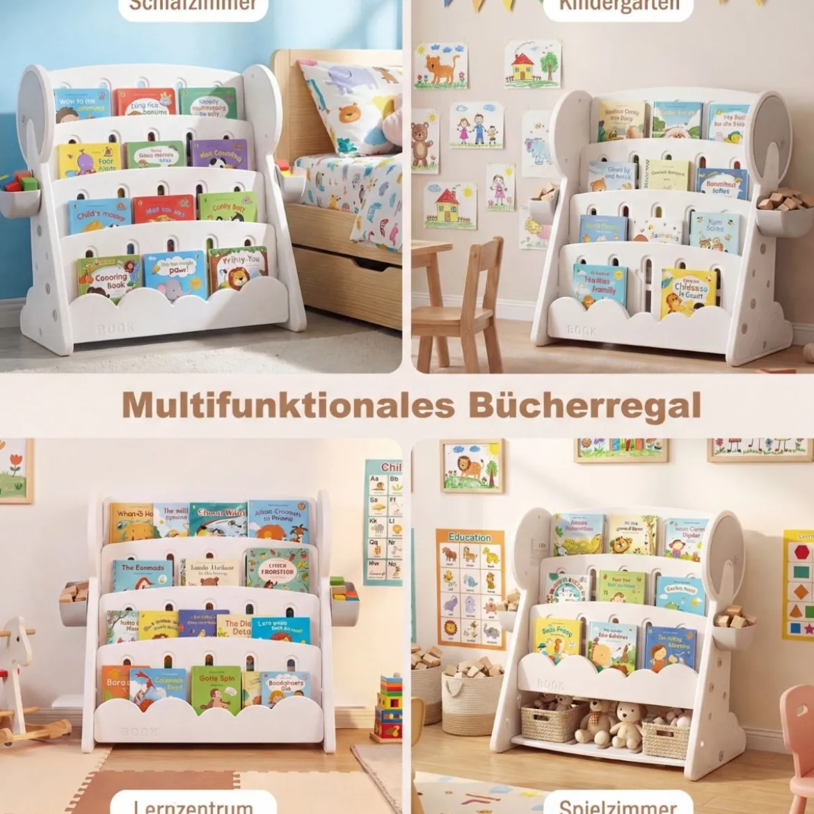 4-stufiges Kinderbücherregal Kinderregal mit 2 Aufbewahrungsboxen & umkehrbarem unterem Regalboden Weiß